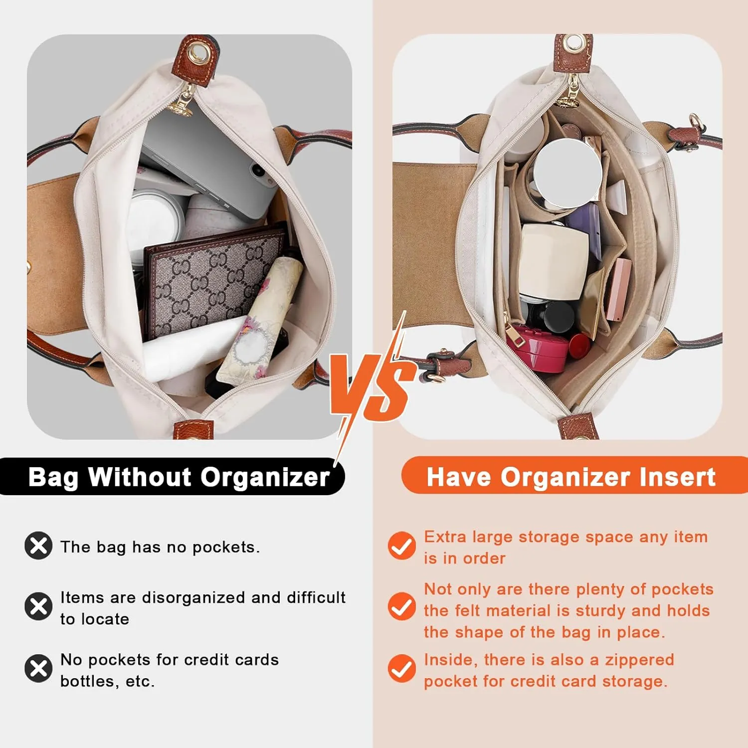 Felt Purse Organizer Insert for Longchamp Le Pliage M Handbag Insert (Medium Beige)