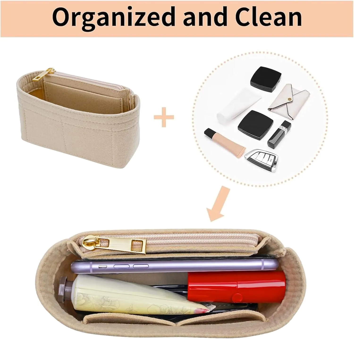 Felt Purse Organizer Insert for Longchamp Mini bag Wihte Zipper Insert (Zipper Beige, Mini)