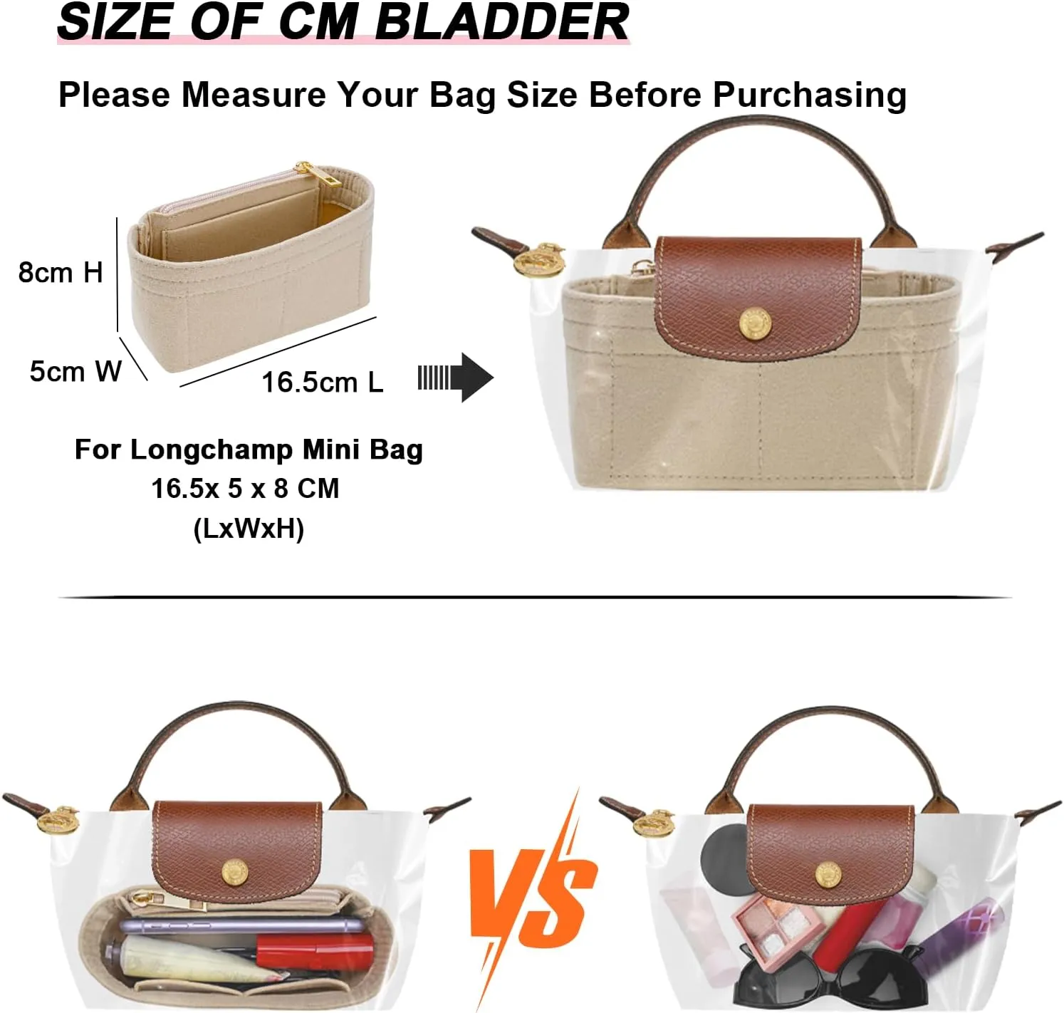 Felt Purse Organizer Insert for Longchamp Mini bag Wihte Zipper Insert (Zipper Beige, Mini)