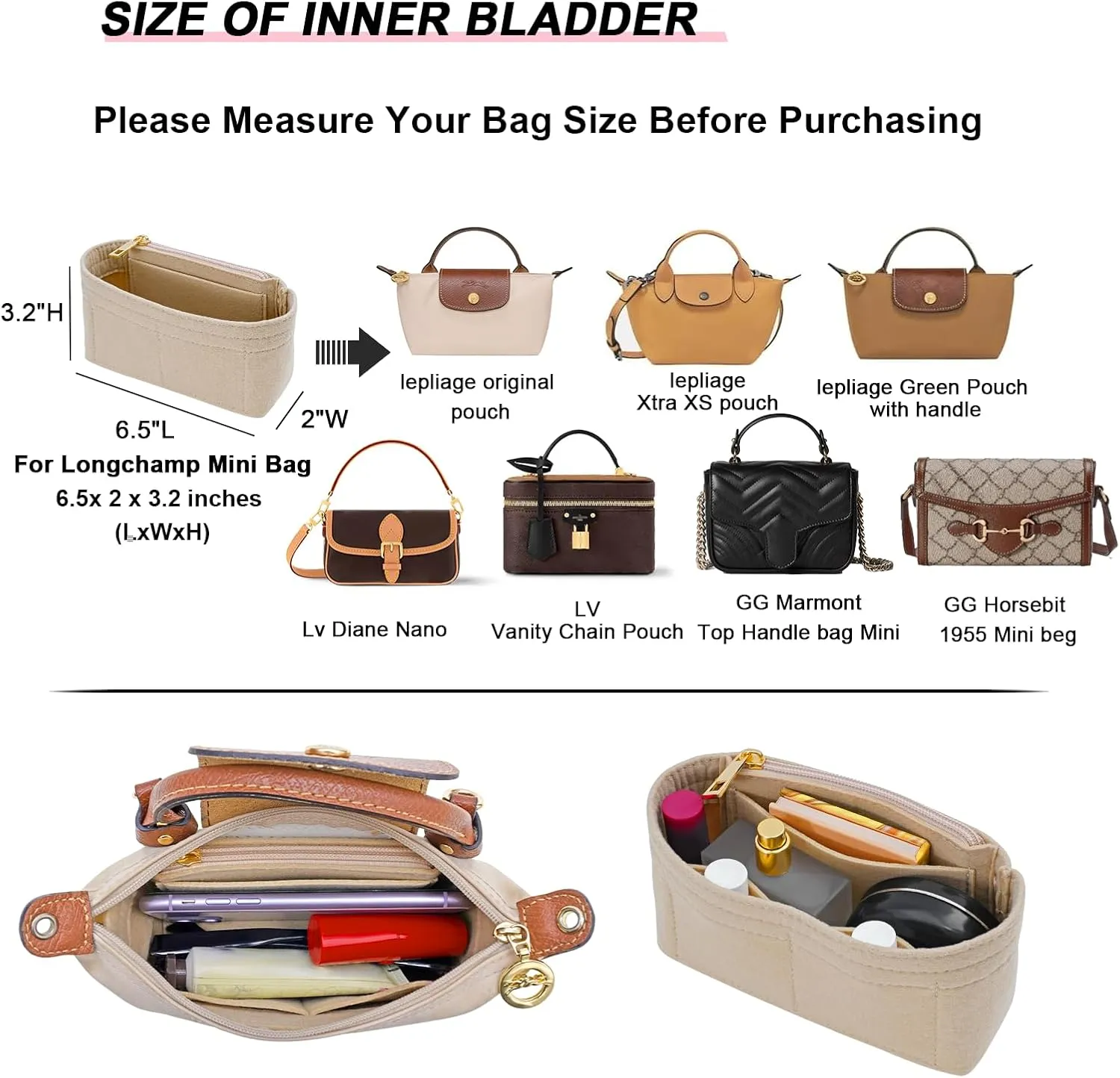 Felt Purse Organizer Insert for Longchamp Mini bag Wihte Zipper Insert (Zipper Beige, Mini)