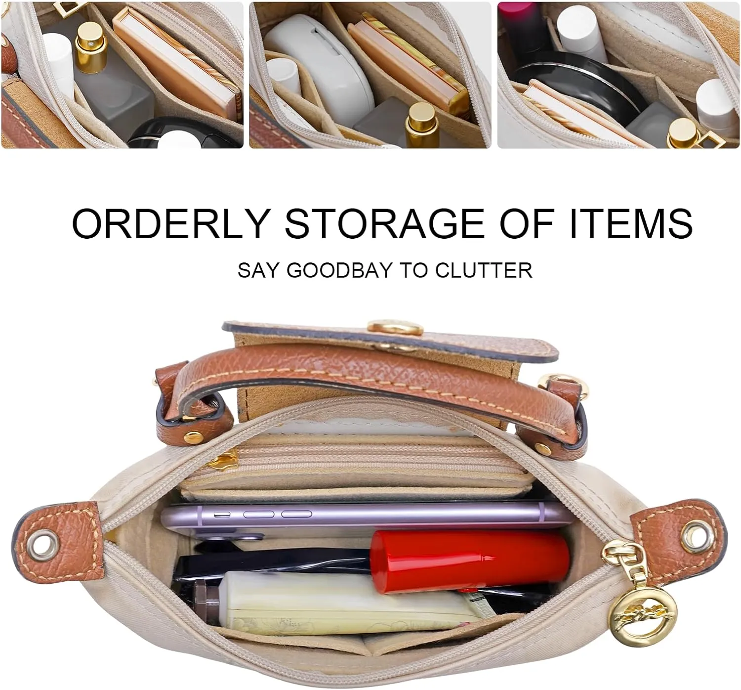 Felt Purse Organizer Insert for Longchamp Mini bag Wihte Zipper Insert (Zipper Beige, Mini)