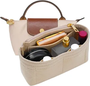 Felt Purse Organizer Insert for Longchamp Mini bag Wihte Zipper Insert (Zipper Beige, Mini)