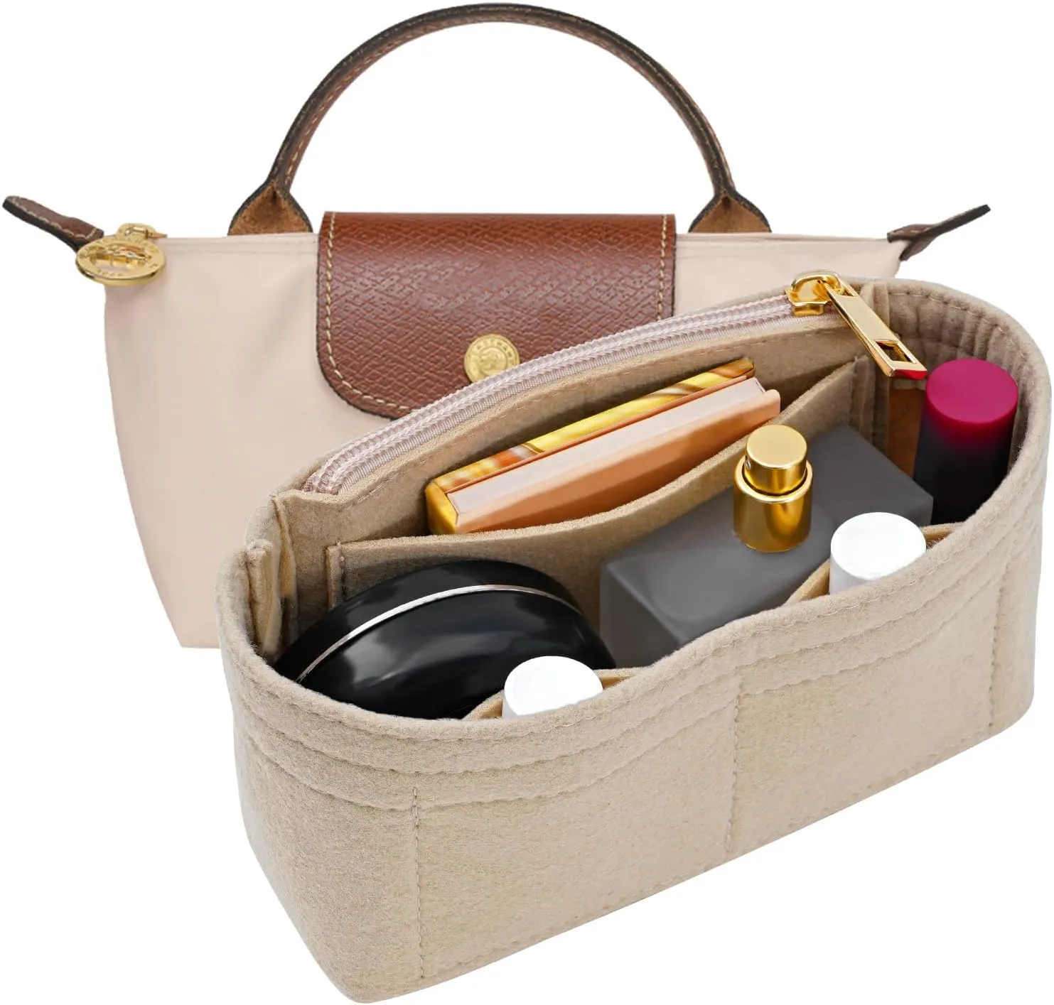 Felt Purse Organizer Insert for Longchamp Mini bag Wihte Zipper Insert (Zipper Beige, Mini)