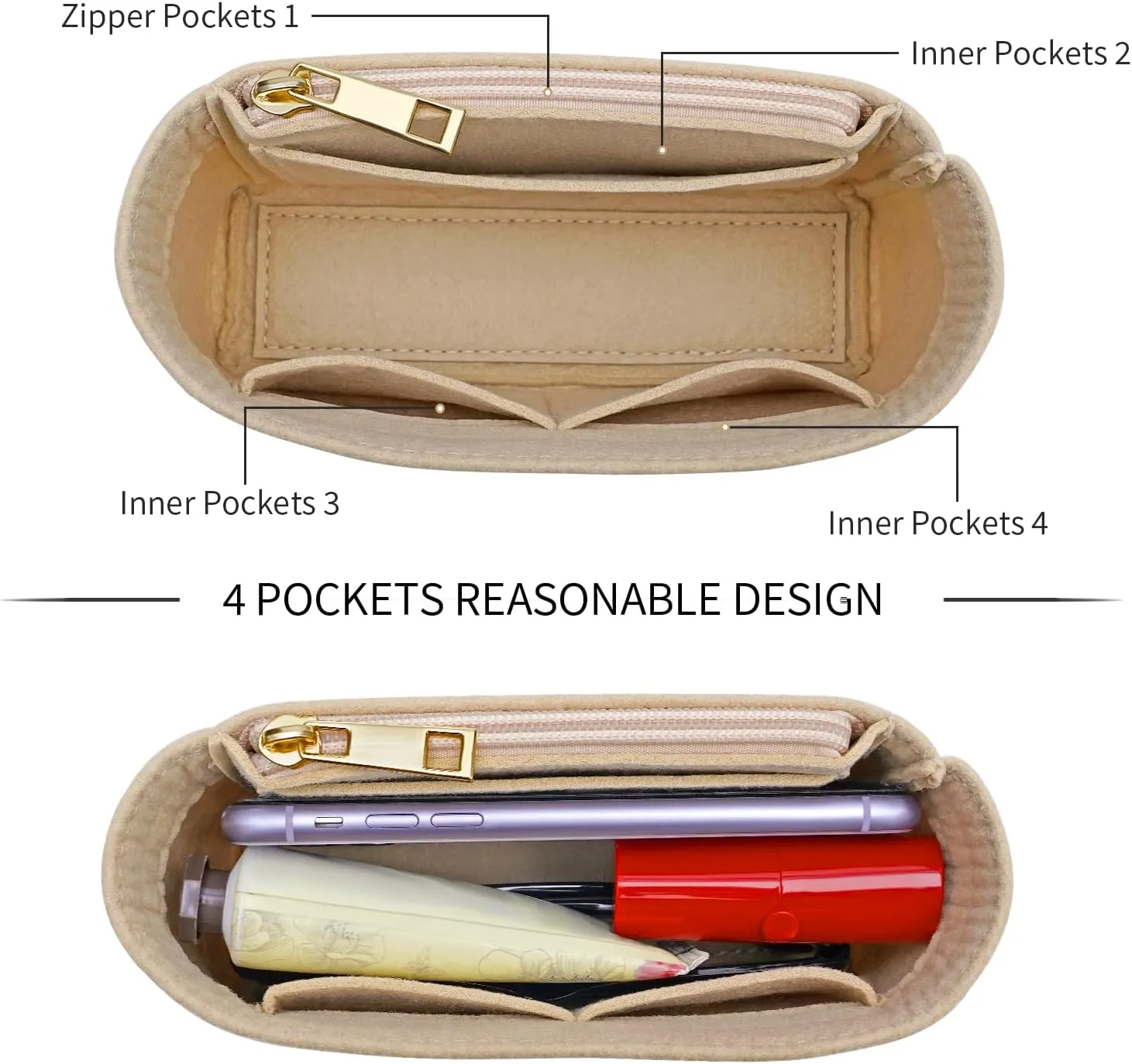 Felt Purse Organizer Insert for Longchamp Mini bag Wihte Zipper Insert (Zipper Beige, Mini)