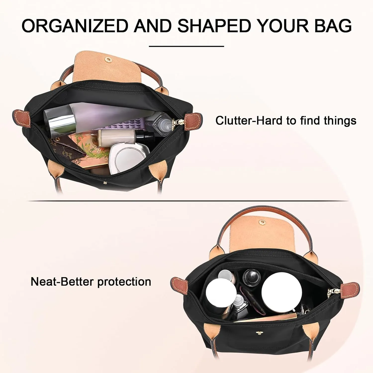 Felt Purse Organizer Inserts for Longchamp Le Pliage L Inserts HandBag (Black, Large)