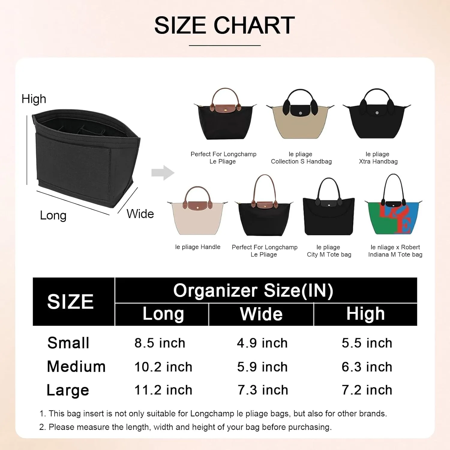 Felt Purse Organizer Inserts for Longchamp Le Pliage L Inserts HandBag (Black, Large)