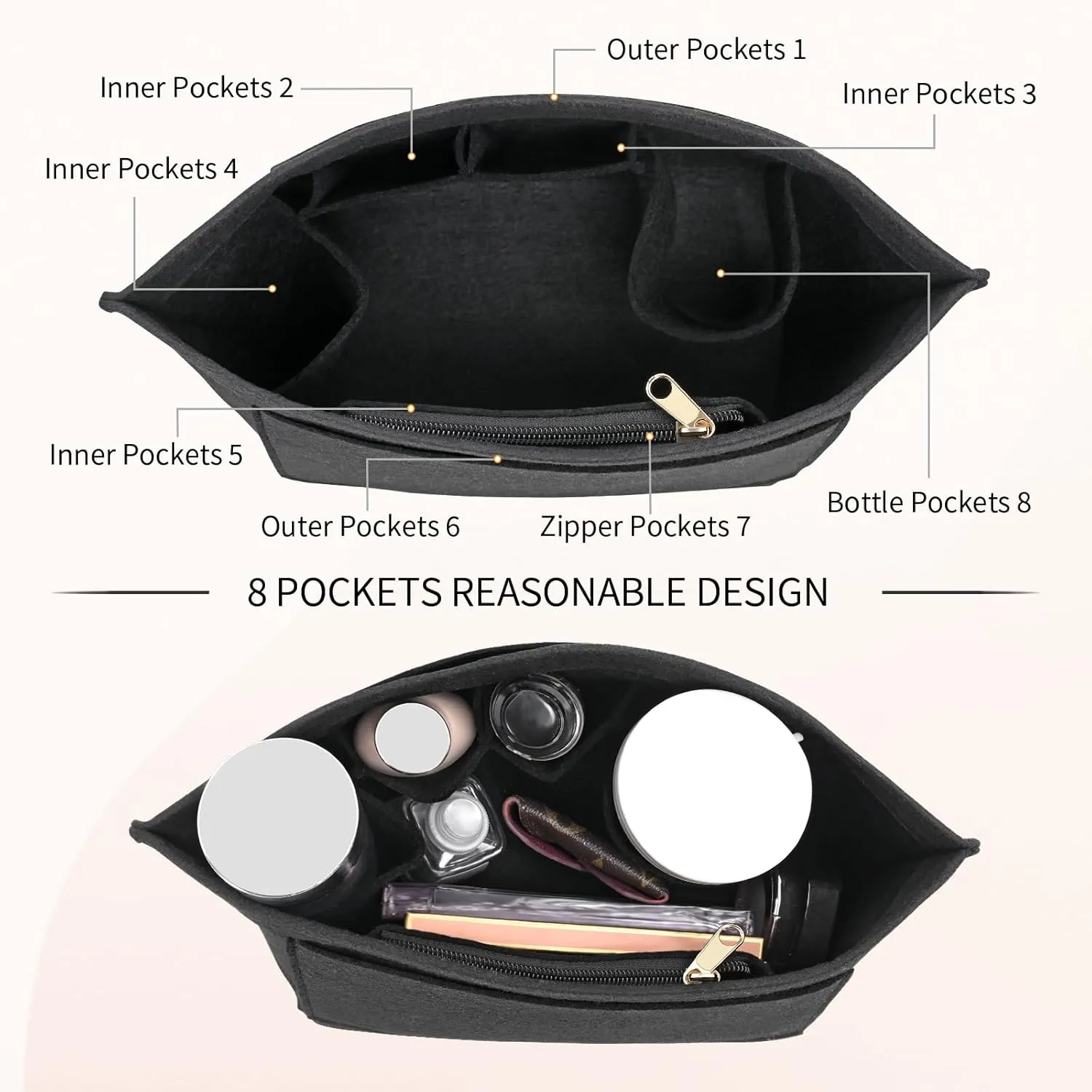 Felt Purse Organizer Inserts for Longchamp Le Pliage L Inserts HandBag (Black, Large)
