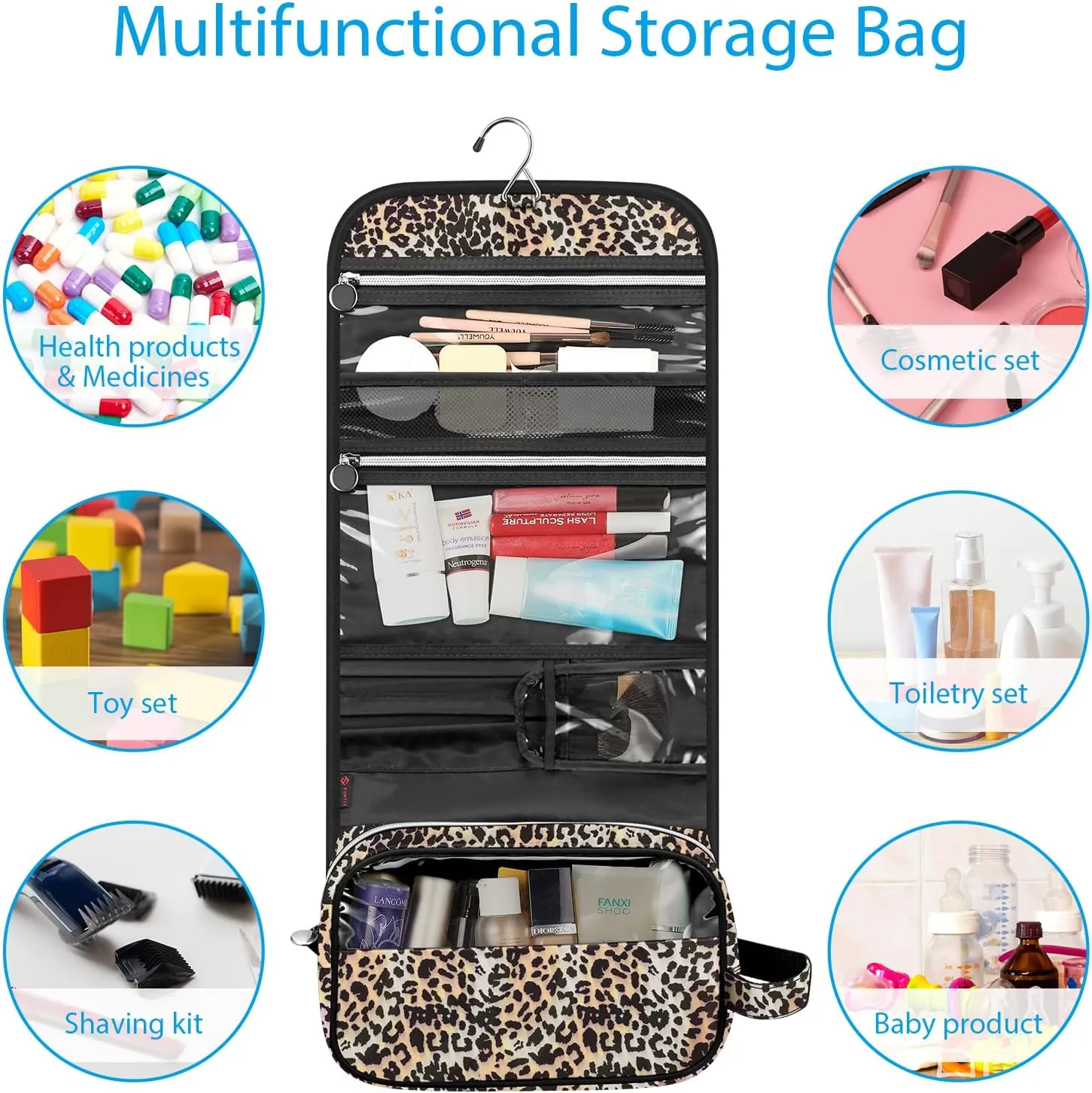 Fintie Portable Toiletry Cosmetic Travel Bag, Large Water Resistant Hanging Makeup Organizer Storage Pouch Case for Women Girls (Leopard)