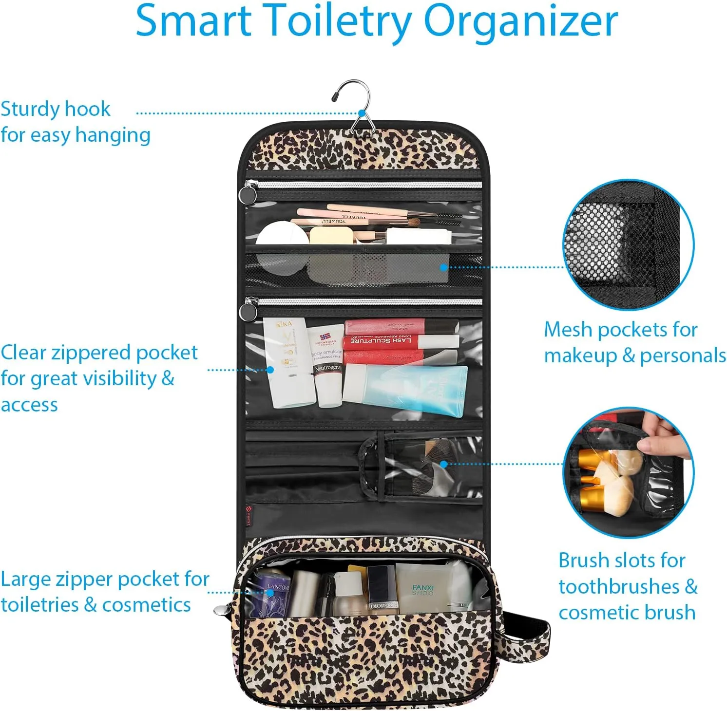 Fintie Portable Toiletry Cosmetic Travel Bag, Large Water Resistant Hanging Makeup Organizer Storage Pouch Case for Women Girls (Leopard)