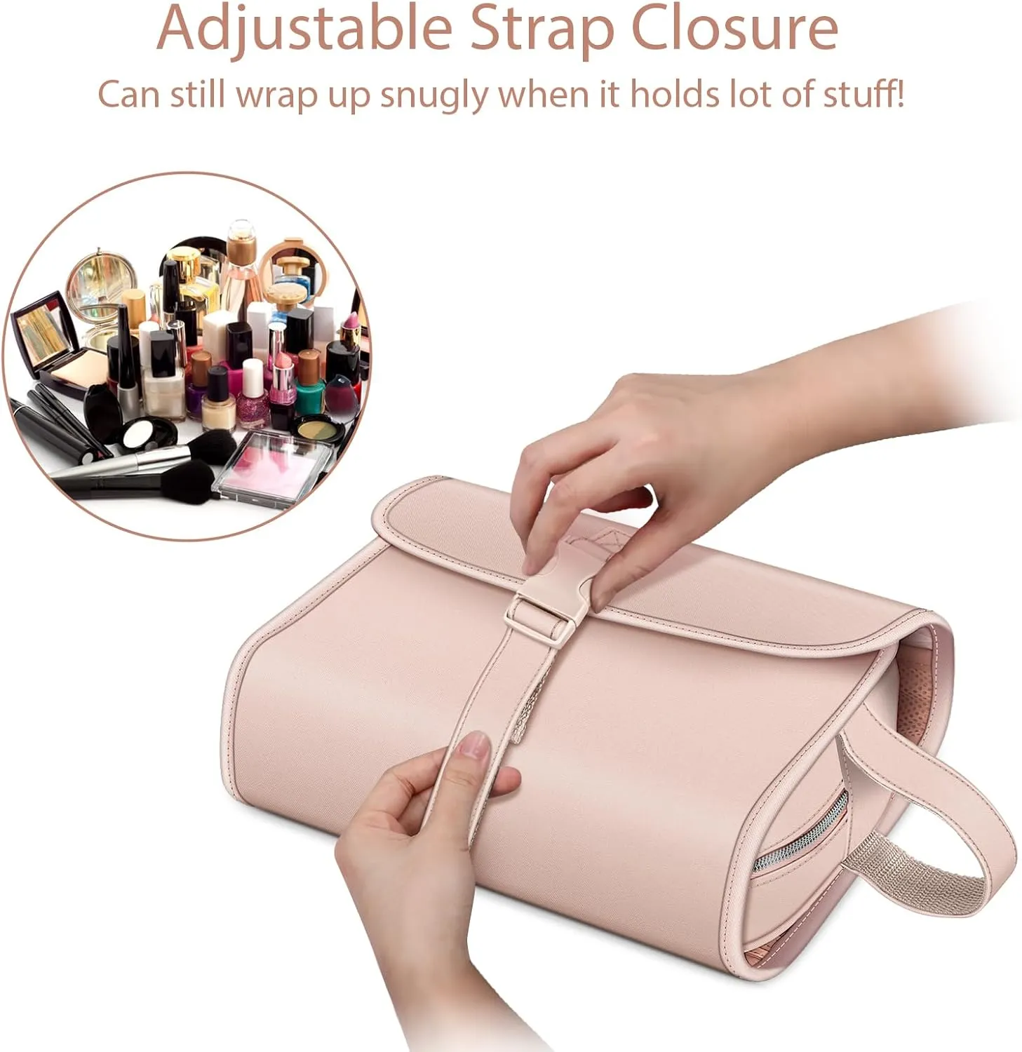 Fintie Portable Toiletry Cosmetic Travel Bag, Large Water Resistant Hanging Makeup Organizer Storage Pouch Case for Women Girls, Pink