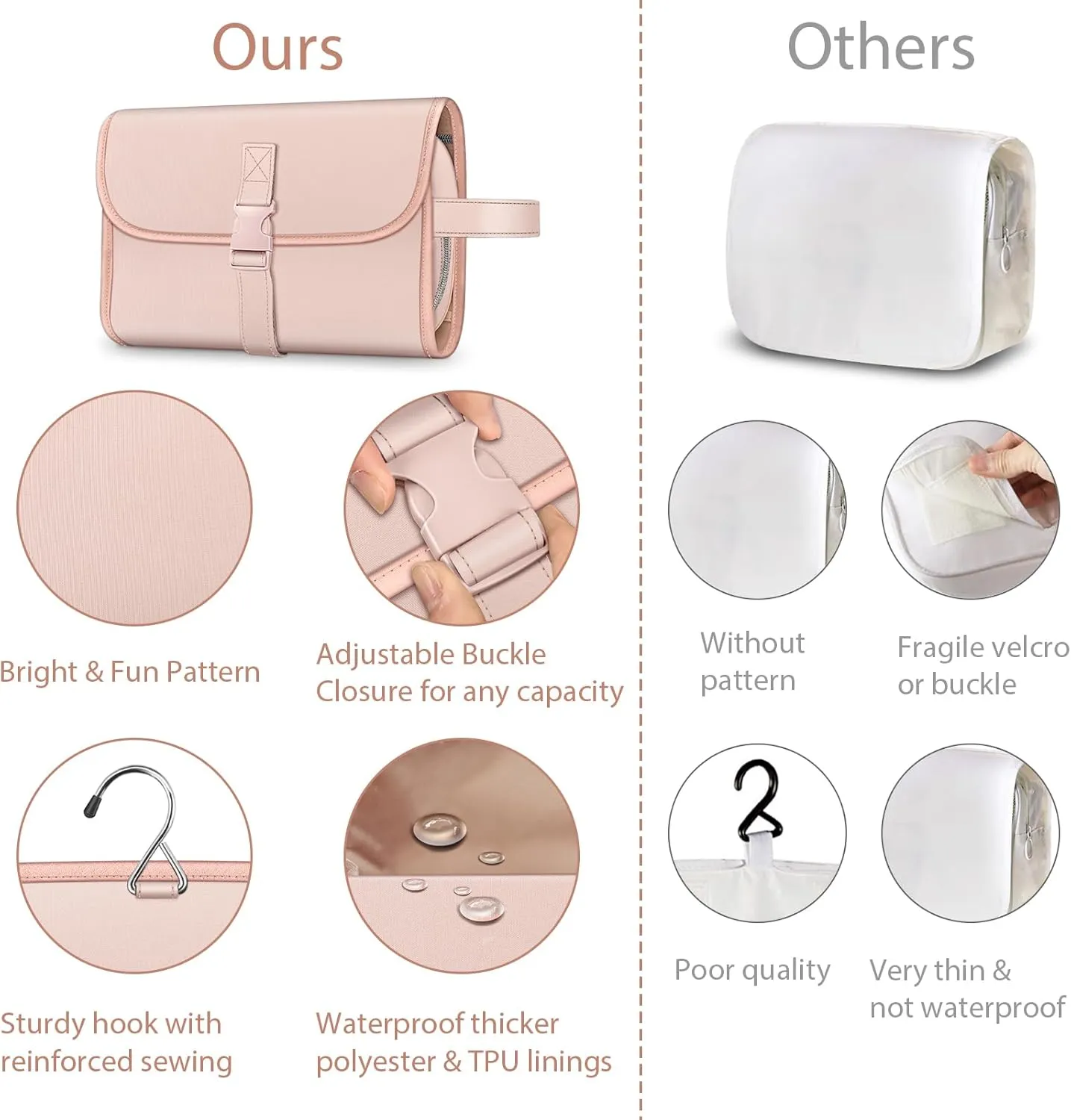 Fintie Portable Toiletry Cosmetic Travel Bag, Large Water Resistant Hanging Makeup Organizer Storage Pouch Case for Women Girls, Pink