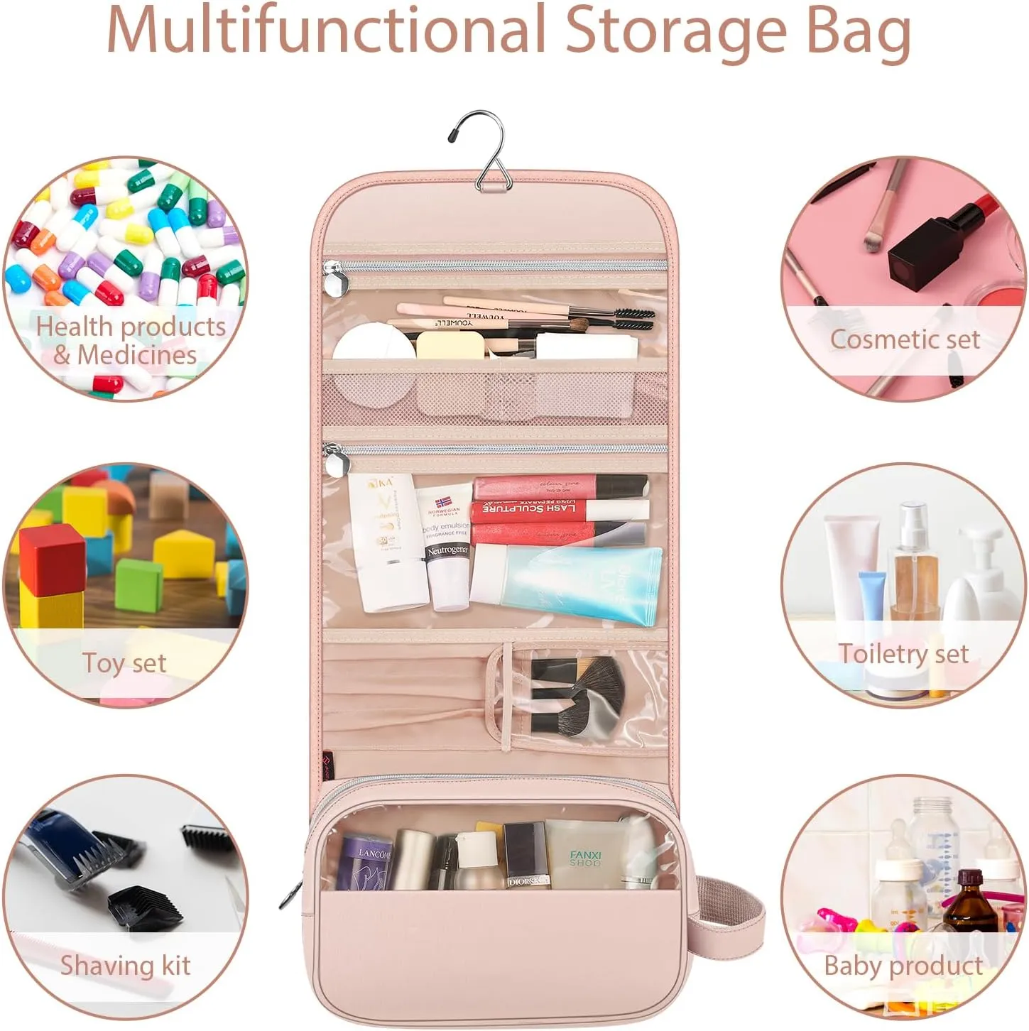 Fintie Portable Toiletry Cosmetic Travel Bag, Large Water Resistant Hanging Makeup Organizer Storage Pouch Case for Women Girls, Pink