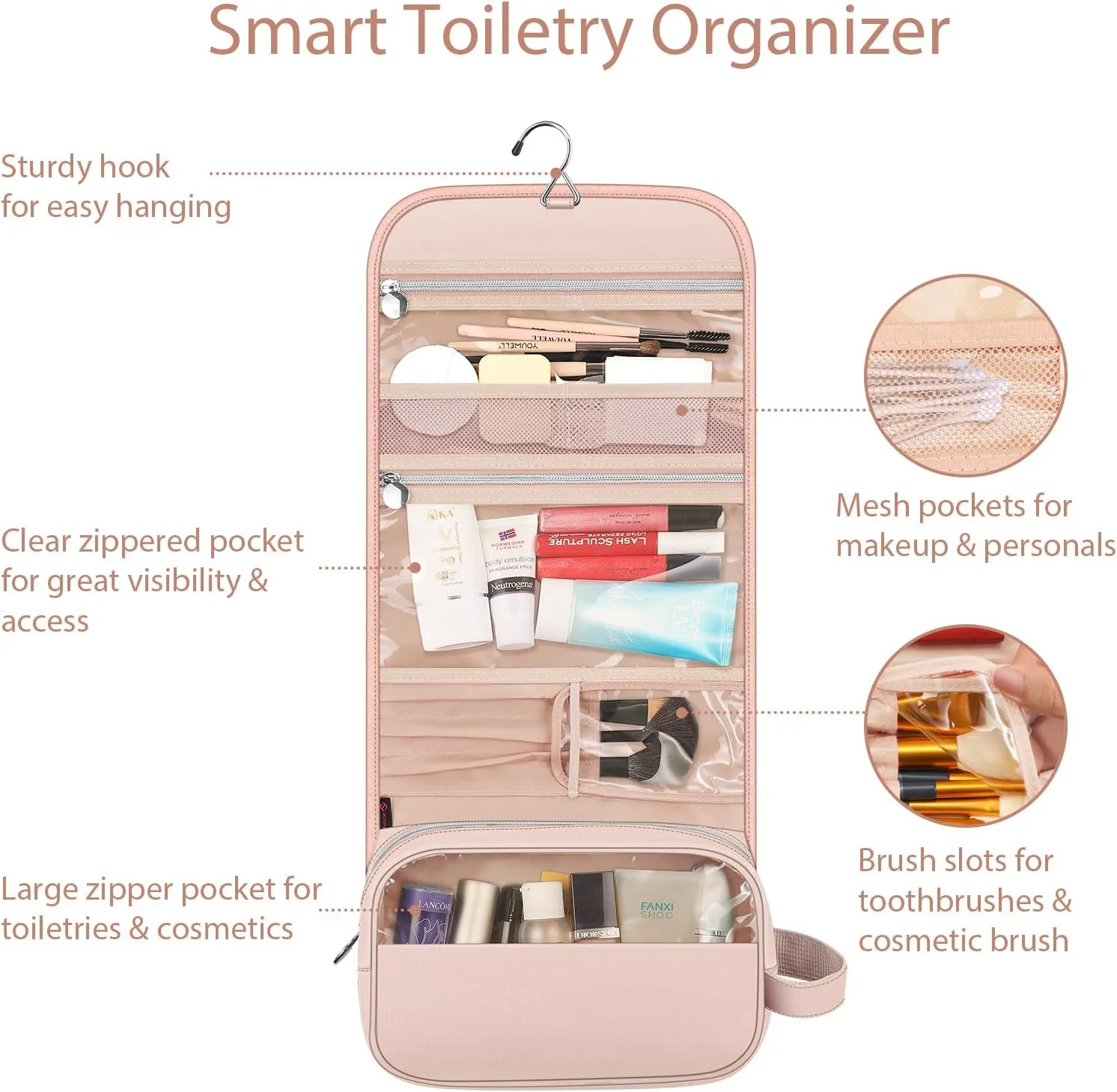 Fintie Portable Toiletry Cosmetic Travel Bag, Large Water Resistant Hanging Makeup Organizer Storage Pouch Case for Women Girls, Pink