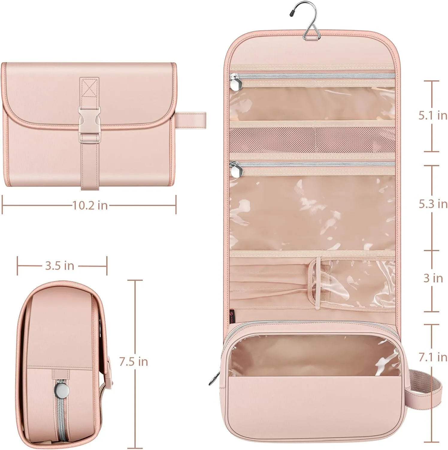 Fintie Portable Toiletry Cosmetic Travel Bag, Large Water Resistant Hanging Makeup Organizer Storage Pouch Case for Women Girls, Pink