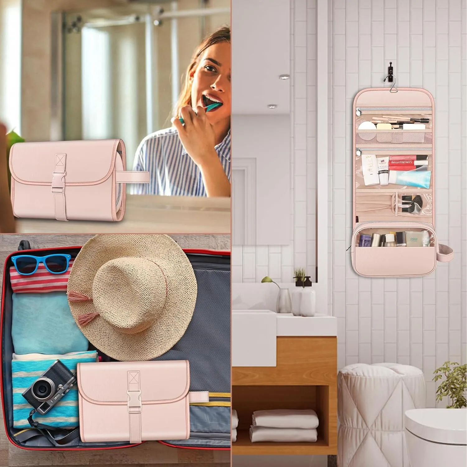 Fintie Portable Toiletry Cosmetic Travel Bag, Large Water Resistant Hanging Makeup Organizer Storage Pouch Case for Women Girls, Pink