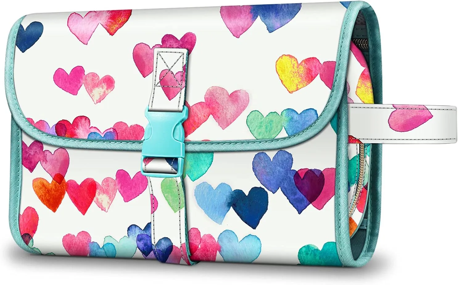 FINTIE Portable Toiletry Cosmetic Travel Bag, Large Water Resistant Hanging Makeup Organizer Storage Pouch Case for Women Girls (Raining Hearts)