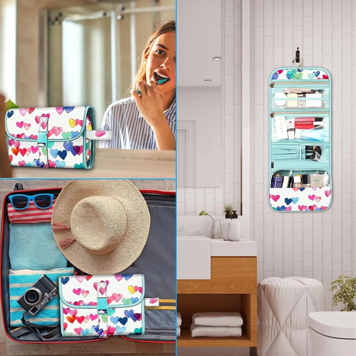 FINTIE Portable Toiletry Cosmetic Travel Bag, Large Water Resistant Hanging Makeup Organizer Storage Pouch Case for Women Girls (Raining Hearts)