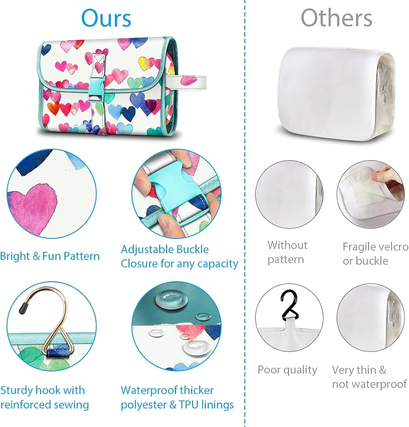FINTIE Portable Toiletry Cosmetic Travel Bag, Large Water Resistant Hanging Makeup Organizer Storage Pouch Case for Women Girls (Raining Hearts)