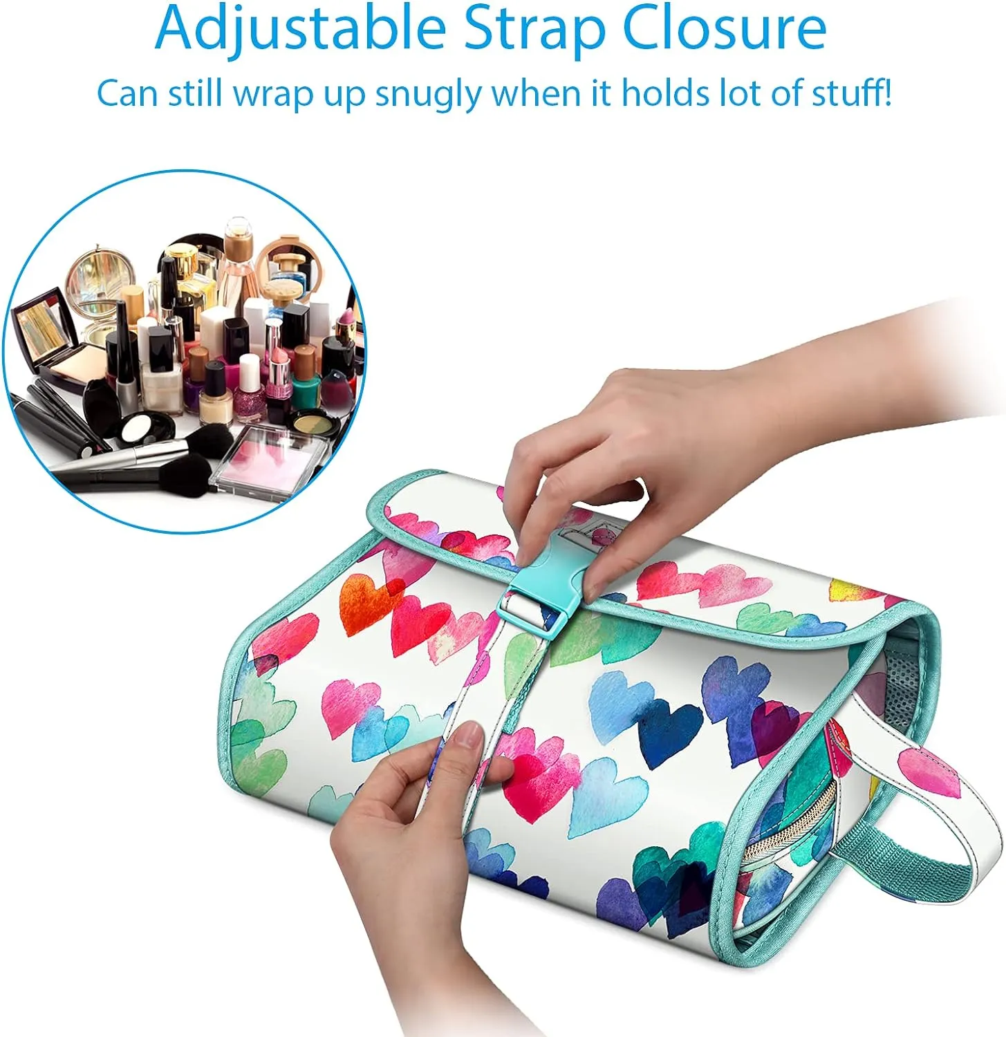FINTIE Portable Toiletry Cosmetic Travel Bag, Large Water Resistant Hanging Makeup Organizer Storage Pouch Case for Women Girls (Raining Hearts)