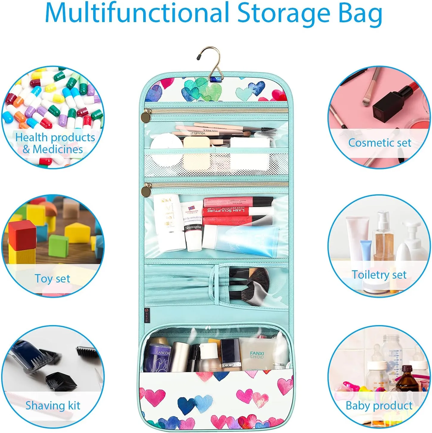 FINTIE Portable Toiletry Cosmetic Travel Bag, Large Water Resistant Hanging Makeup Organizer Storage Pouch Case for Women Girls (Raining Hearts)