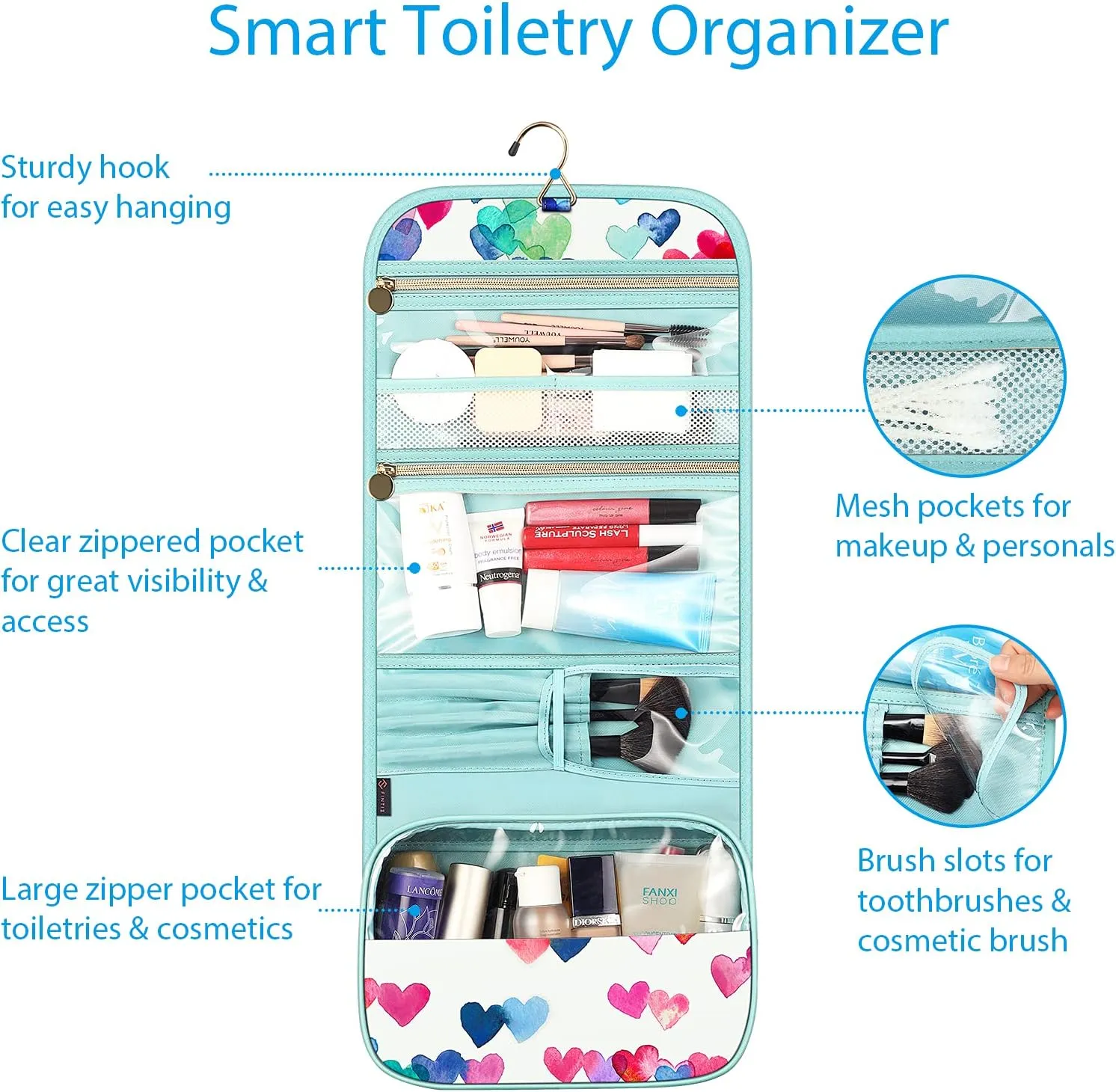 FINTIE Portable Toiletry Cosmetic Travel Bag, Large Water Resistant Hanging Makeup Organizer Storage Pouch Case for Women Girls (Raining Hearts)
