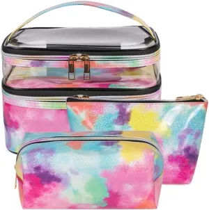 FITINI 3 Pieces Makeup Bags Double Layer Travel Large Cosmetic Cases Organizer Toiletry Bags Waterproof Small Zipper Pouch for Women Makeup Brush Storage Bag,Tie Dyed