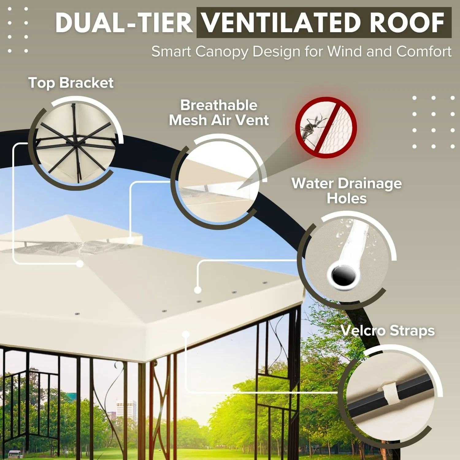 Flexzion 8'x8' Gazebo Top Canopy Replacement Cover (Ivory) - Dual Tier with Plain Edge Polyester UV30 Protection Water Resistant for Outdoor Garden Patio Lawn Sun Shade