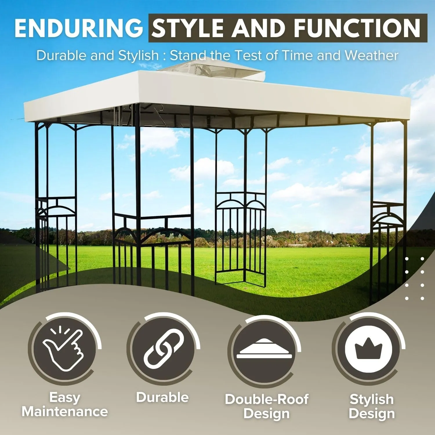 Flexzion 8'x8' Gazebo Top Canopy Replacement Cover (Ivory) - Dual Tier with Plain Edge Polyester UV30 Protection Water Resistant for Outdoor Garden Patio Lawn Sun Shade