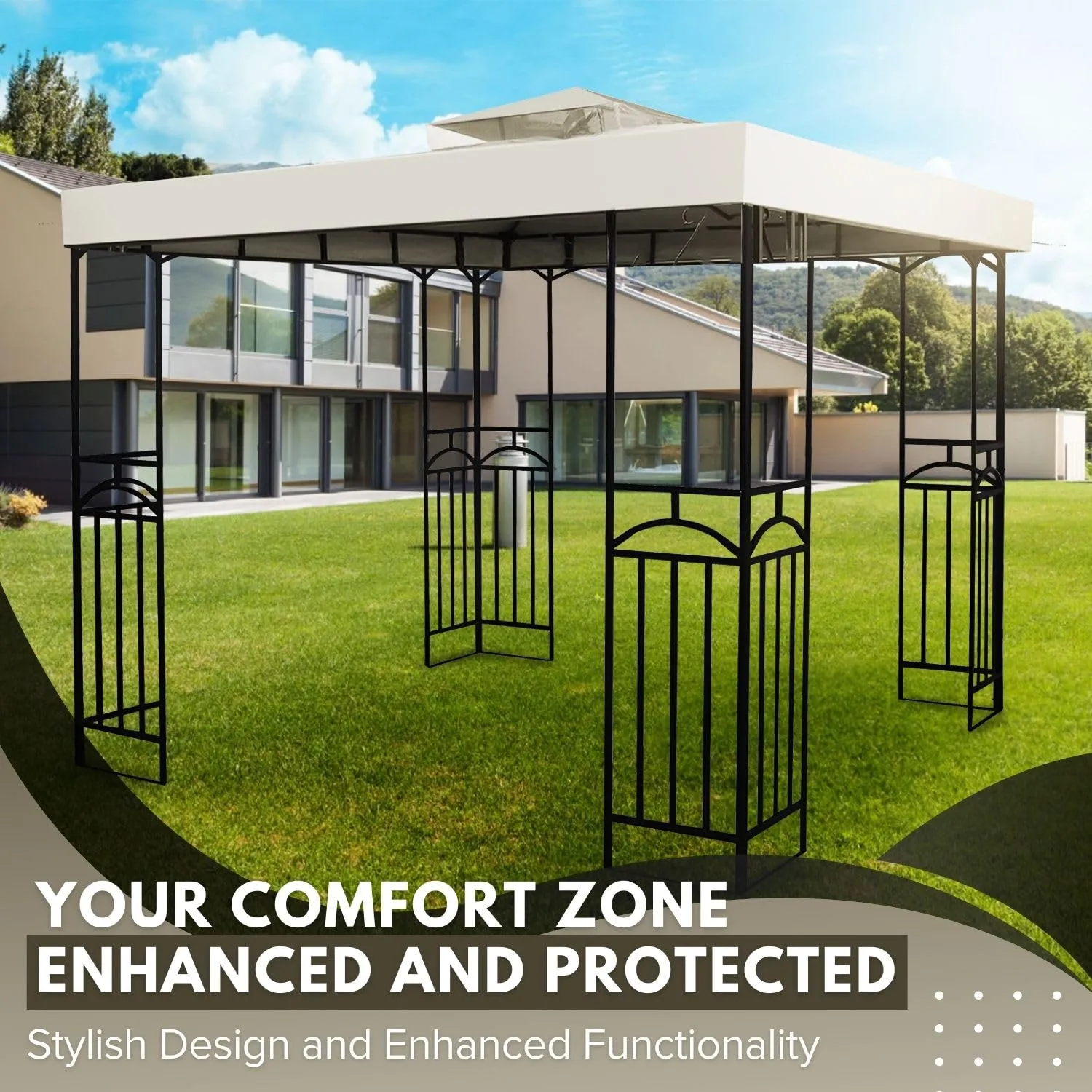 Flexzion 8'x8' Gazebo Top Canopy Replacement Cover (Ivory) - Dual Tier with Plain Edge Polyester UV30 Protection Water Resistant for Outdoor Garden Patio Lawn Sun Shade