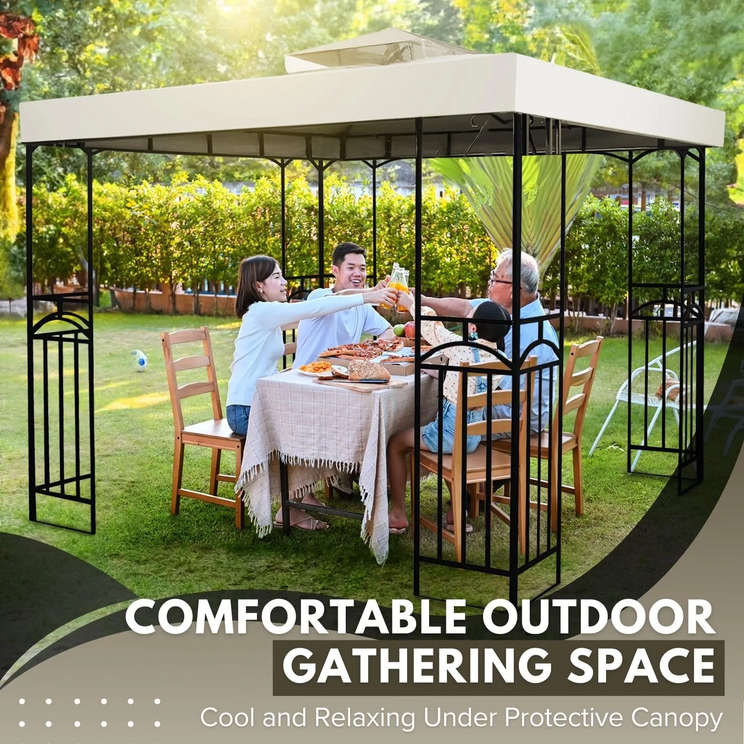 Flexzion 8'x8' Gazebo Top Canopy Replacement Cover (Ivory) - Dual Tier with Plain Edge Polyester UV30 Protection Water Resistant for Outdoor Garden Patio Lawn Sun Shade