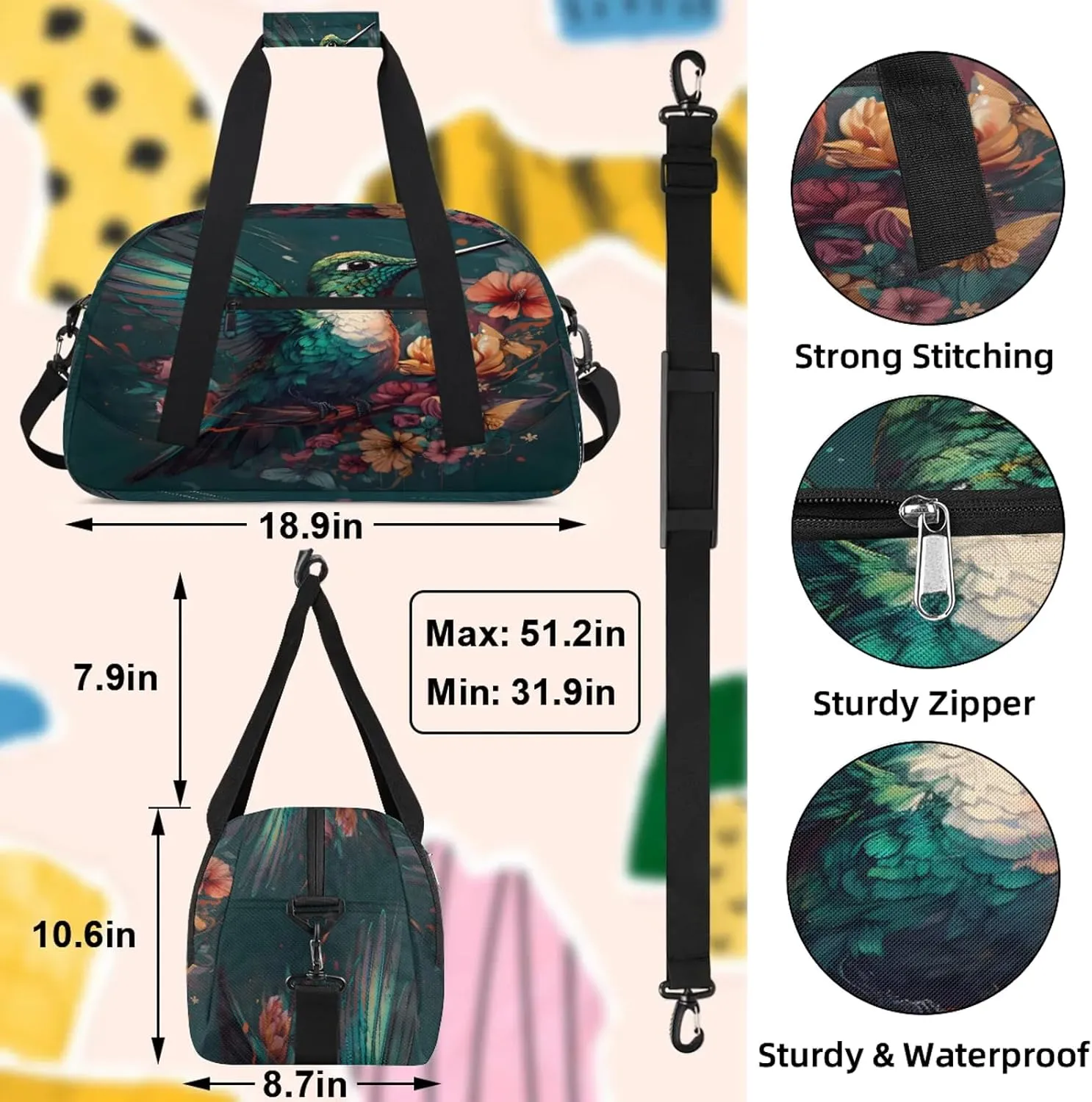 Floral Bird Hummingbird Small Gym Bag 18 inch Carry On Duffel Bag for Weekender Travel Sports Workout Yoga Gymnastics Dance Ballet
