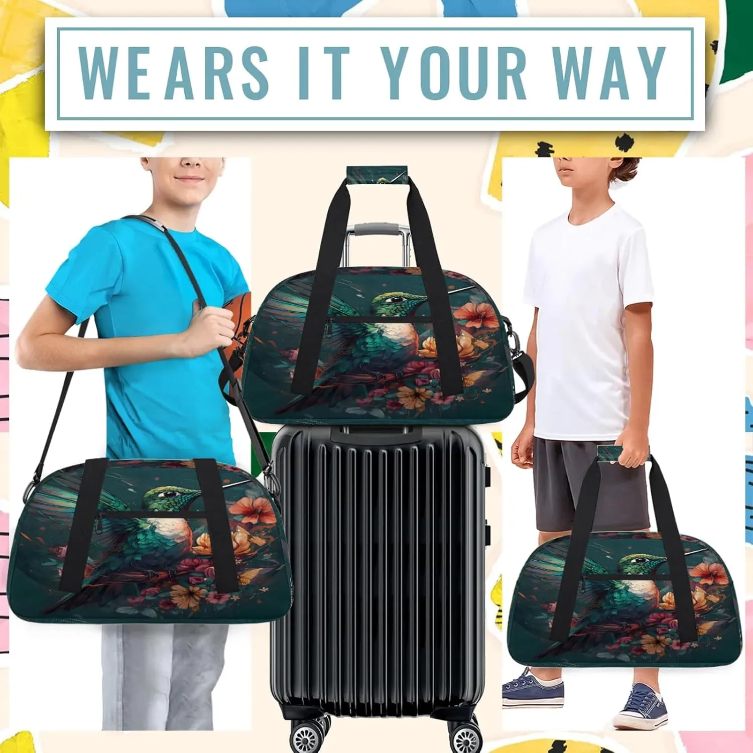 Floral Bird Hummingbird Small Gym Bag 18 inch Carry On Duffel Bag for Weekender Travel Sports Workout Yoga Gymnastics Dance Ballet