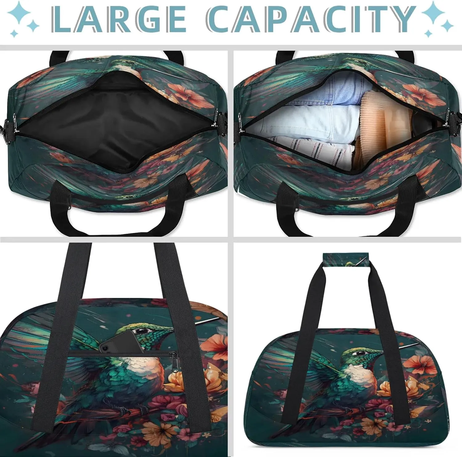 Floral Bird Hummingbird Small Gym Bag 18 inch Carry On Duffel Bag for Weekender Travel Sports Workout Yoga Gymnastics Dance Ballet