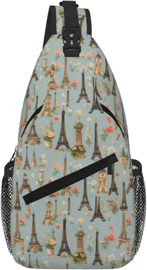 Flower Paris Eiffel Tower Men Casual Diagonal Chest Bag Cross Package Diagonally Women Travel Satchel Single Shoulder Bag