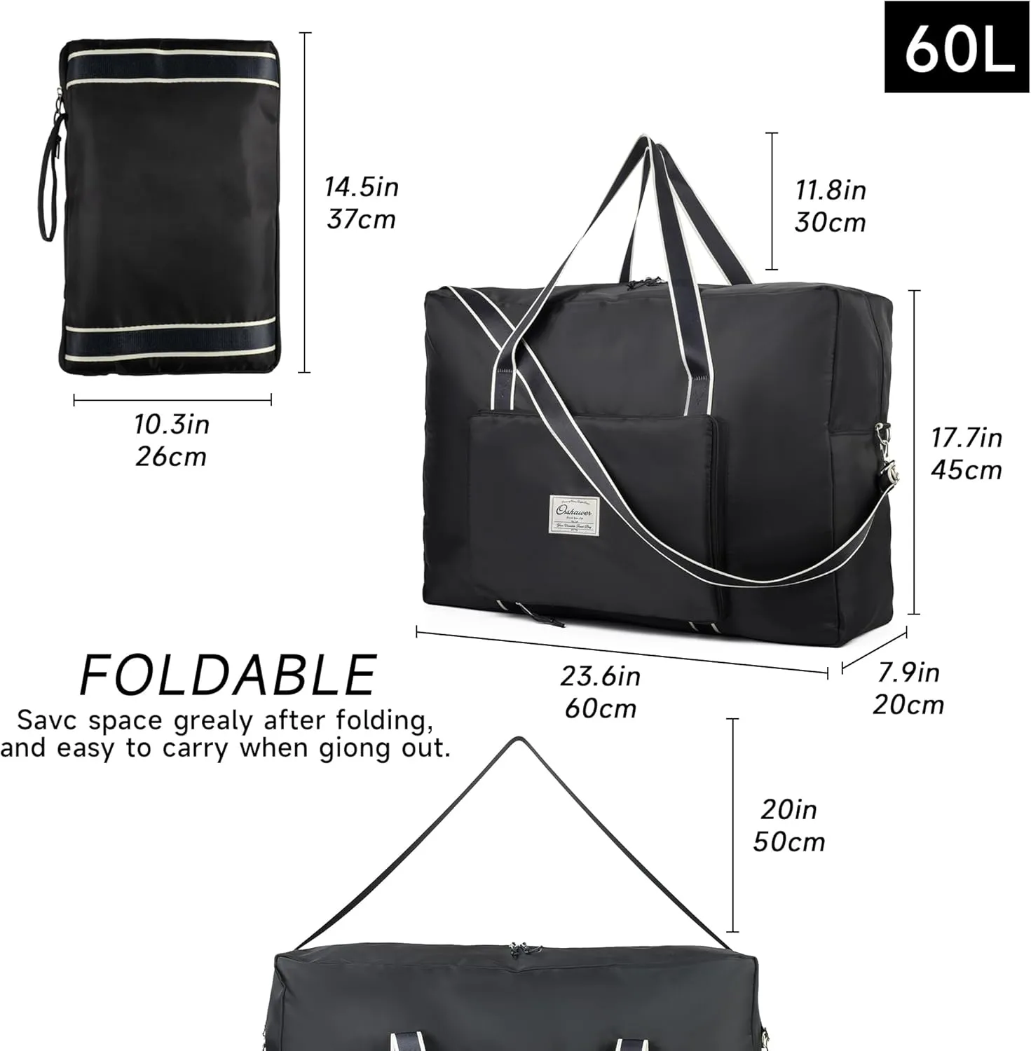 Foldable Travel Bag, 60L Large Duffel Bag, Lightweight Packable Carry on Bag Water-proof & Tear Resistant Duffel Bag