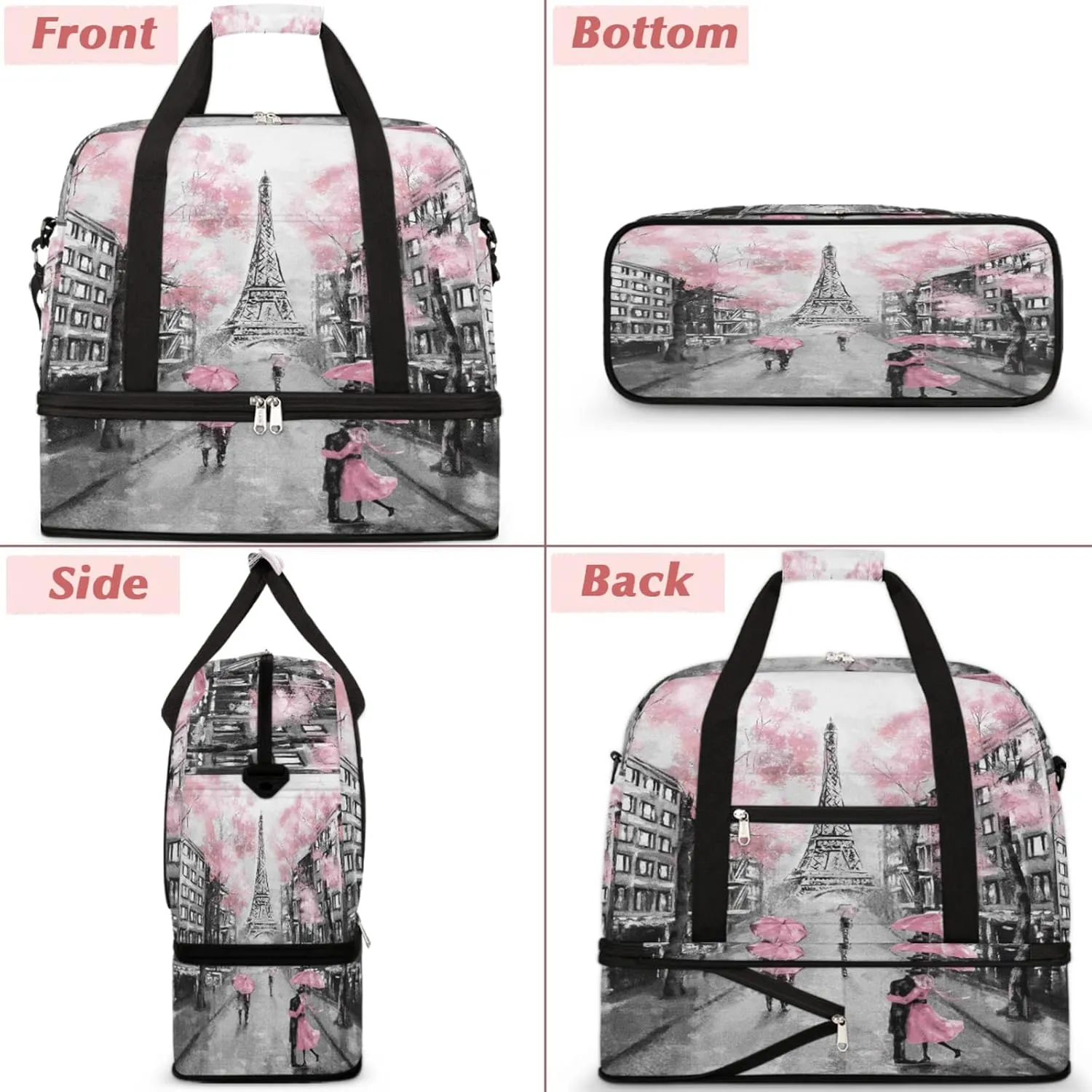 Foldable Travel Duffel Bag with Shoe Compartments Carry on Luggage Sport Duffle Tote for Women Men Gym Bag Overnight Weekender Bags (Eiffel Tower)