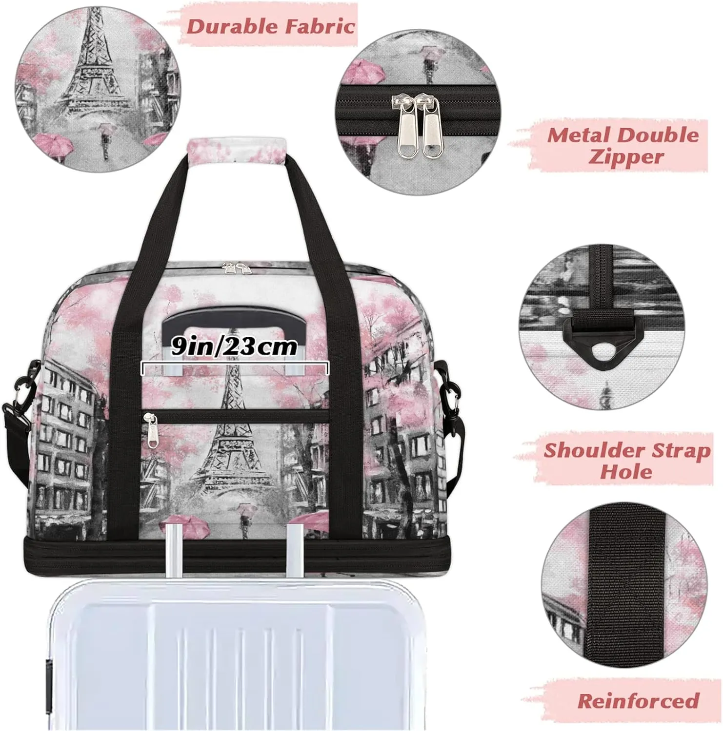 Foldable Travel Duffel Bag with Shoe Compartments Carry on Luggage Sport Duffle Tote for Women Men Gym Bag Overnight Weekender Bags (Eiffel Tower)