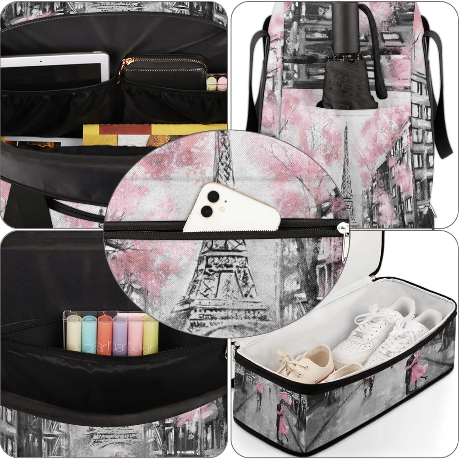 Foldable Travel Duffel Bag with Shoe Compartments Carry on Luggage Sport Duffle Tote for Women Men Gym Bag Overnight Weekender Bags (Eiffel Tower)