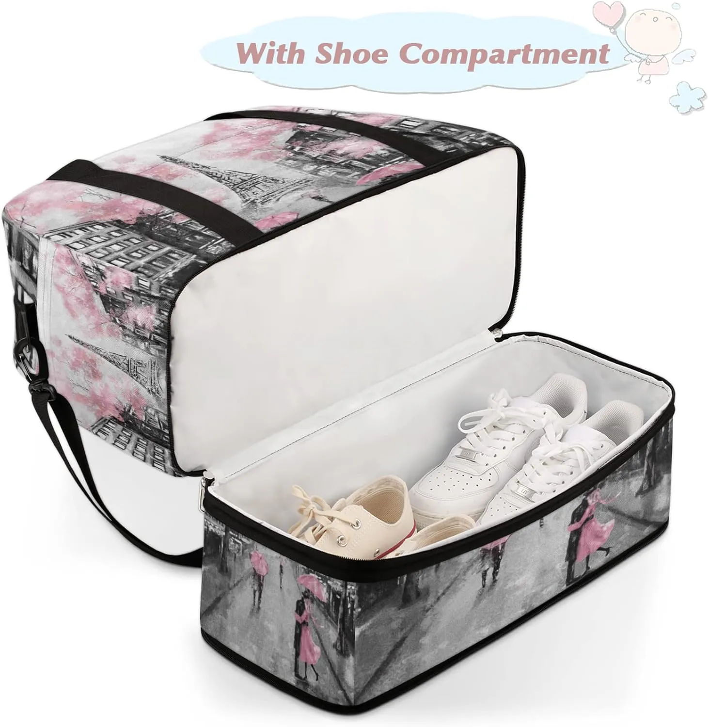 Foldable Travel Duffel Bag with Shoe Compartments Carry on Luggage Sport Duffle Tote for Women Men Gym Bag Overnight Weekender Bags (Eiffel Tower)