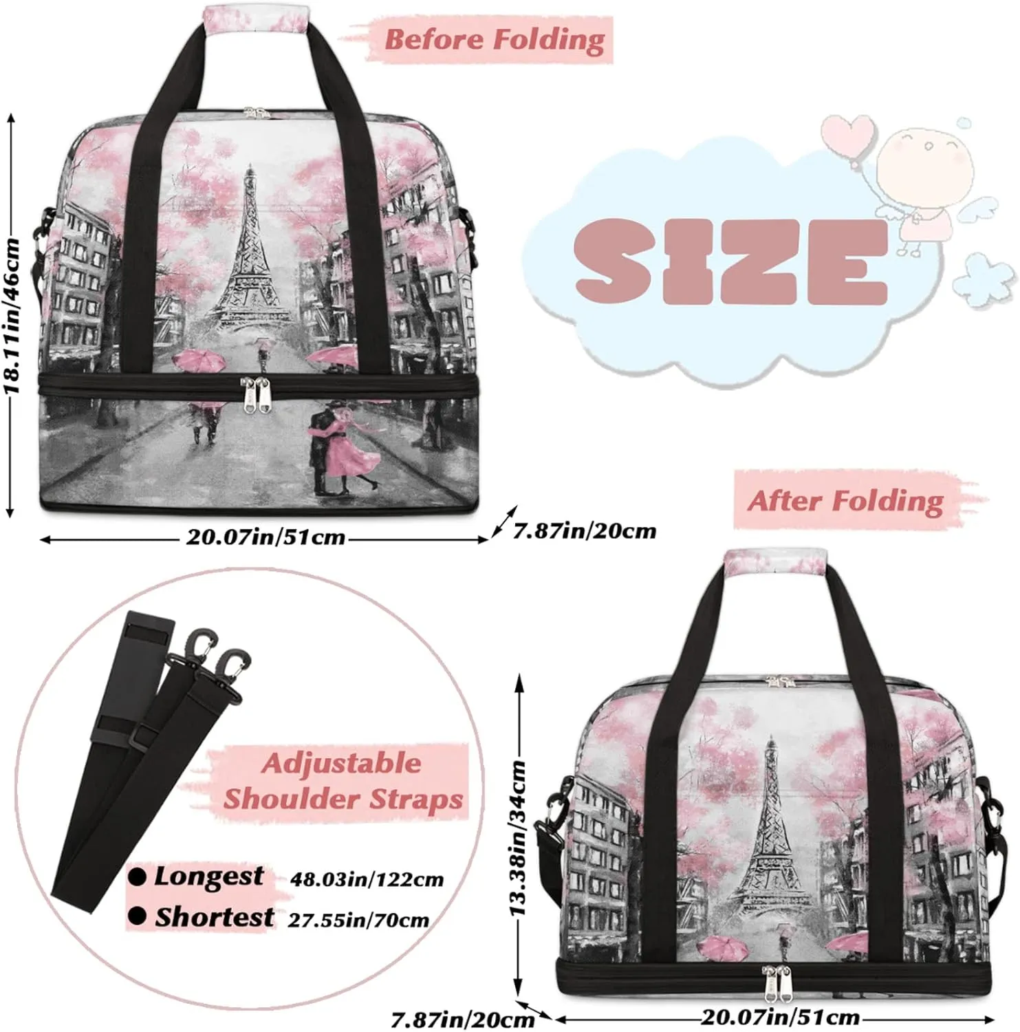 Foldable Travel Duffel Bag with Shoe Compartments Carry on Luggage Sport Duffle Tote for Women Men Gym Bag Overnight Weekender Bags (Eiffel Tower)