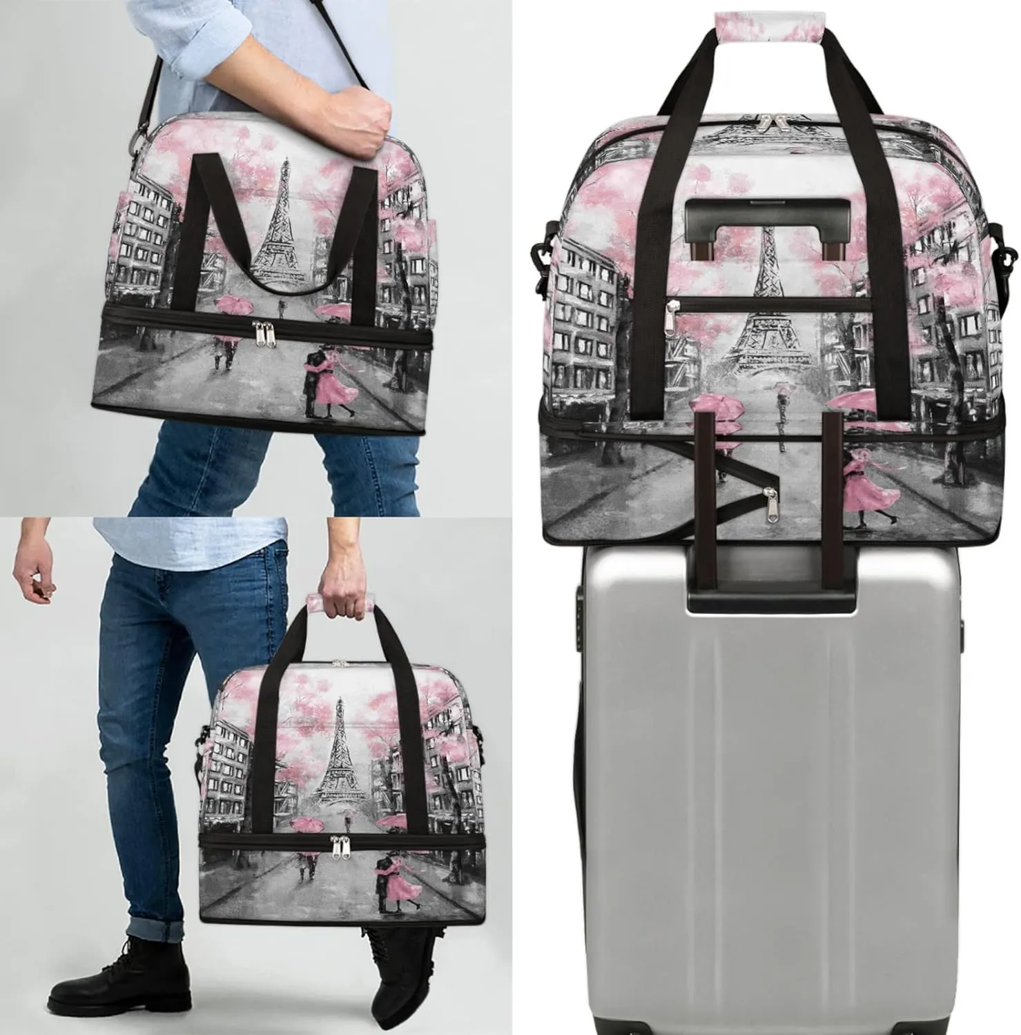Foldable Travel Duffel Bag with Shoe Compartments Carry on Luggage Sport Duffle Tote for Women Men Gym Bag Overnight Weekender Bags (Eiffel Tower)