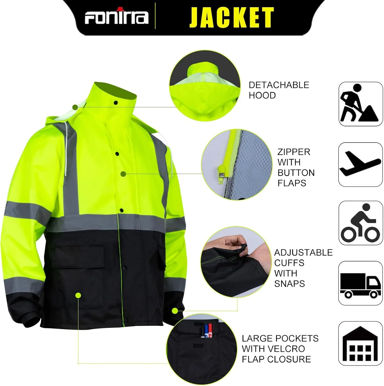 FONIRRA Hi Vis Safety Rain Jacket for Men,Class 3 High Visibility Rain Gear,Rain Suits for Men Waterproof Heavy Duty for Work