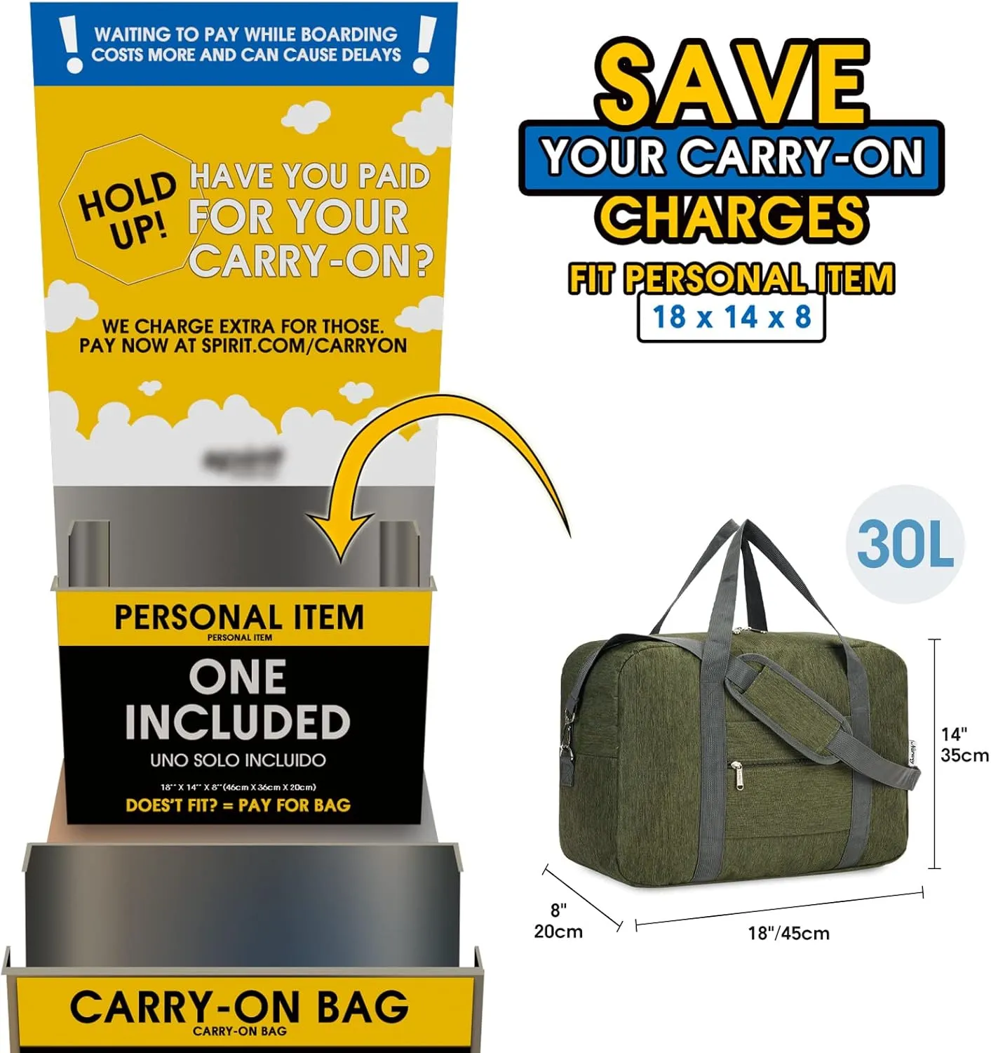 For Spirit Airlines Personal Item Bag 18x14x8 Foldable Travel Duffel Bag Tote Duffle Carry on Luggage for Women and Men 30L (Army Green (With Shoulder Strap))