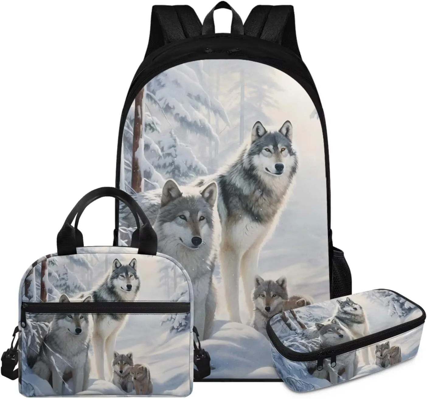 FOR U DESIGNS 17 Inch Wolf Backpack Set Lightweight Large Capacity Bookbag and Lunch Box Set for Elementary Kindergarten Girls 3 Piece School Bag 5th Grade