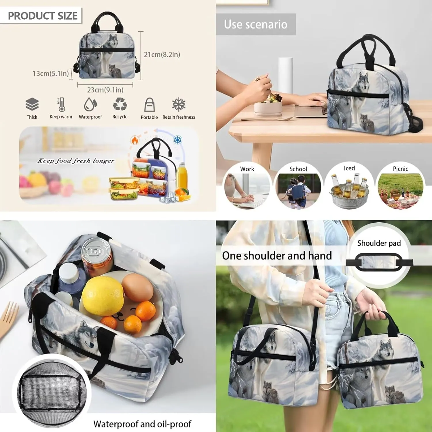 FOR U DESIGNS 17 Inch Wolf Backpack Set Lightweight Large Capacity Bookbag and Lunch Box Set for Elementary Kindergarten Girls 3 Piece School Bag 5th Grade