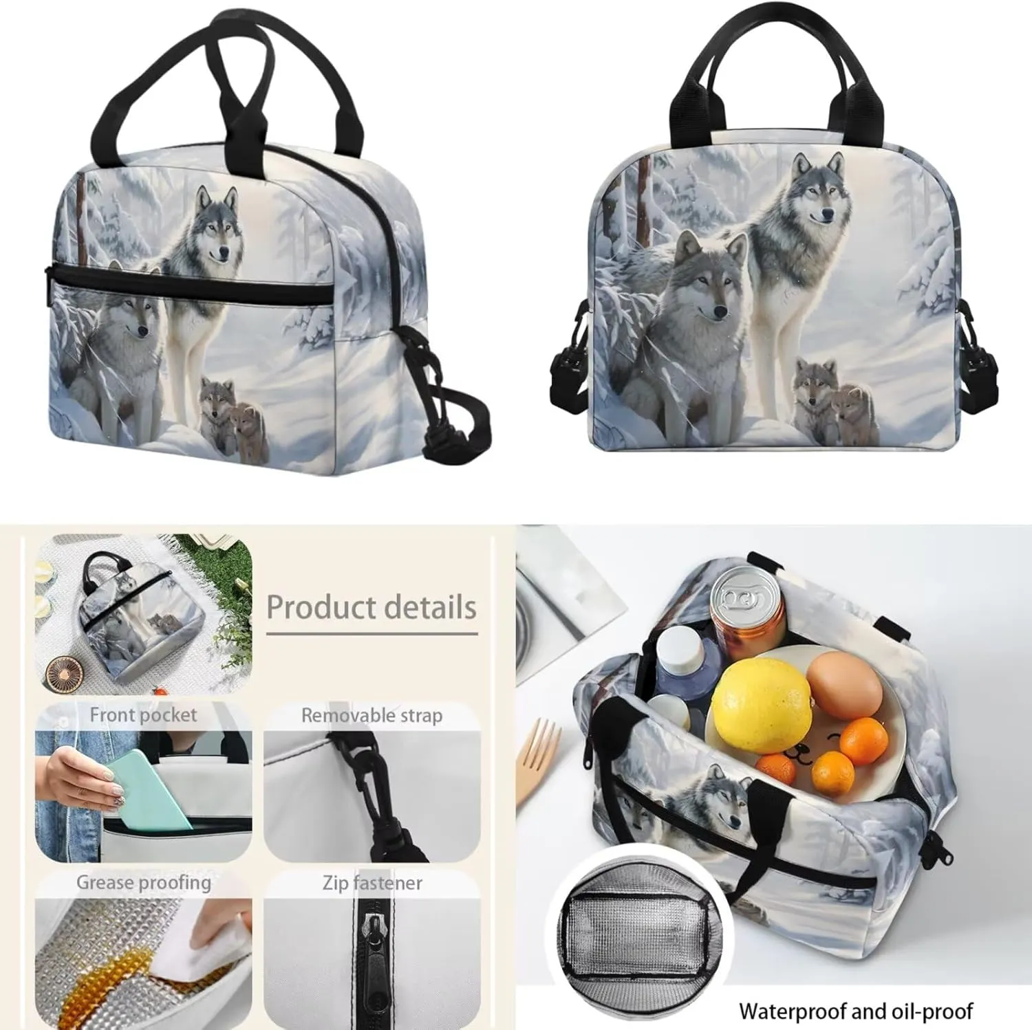 FOR U DESIGNS 17 Inch Wolf Backpack Set Lightweight Large Capacity Bookbag and Lunch Box Set for Elementary Kindergarten Girls 3 Piece School Bag 5th Grade
