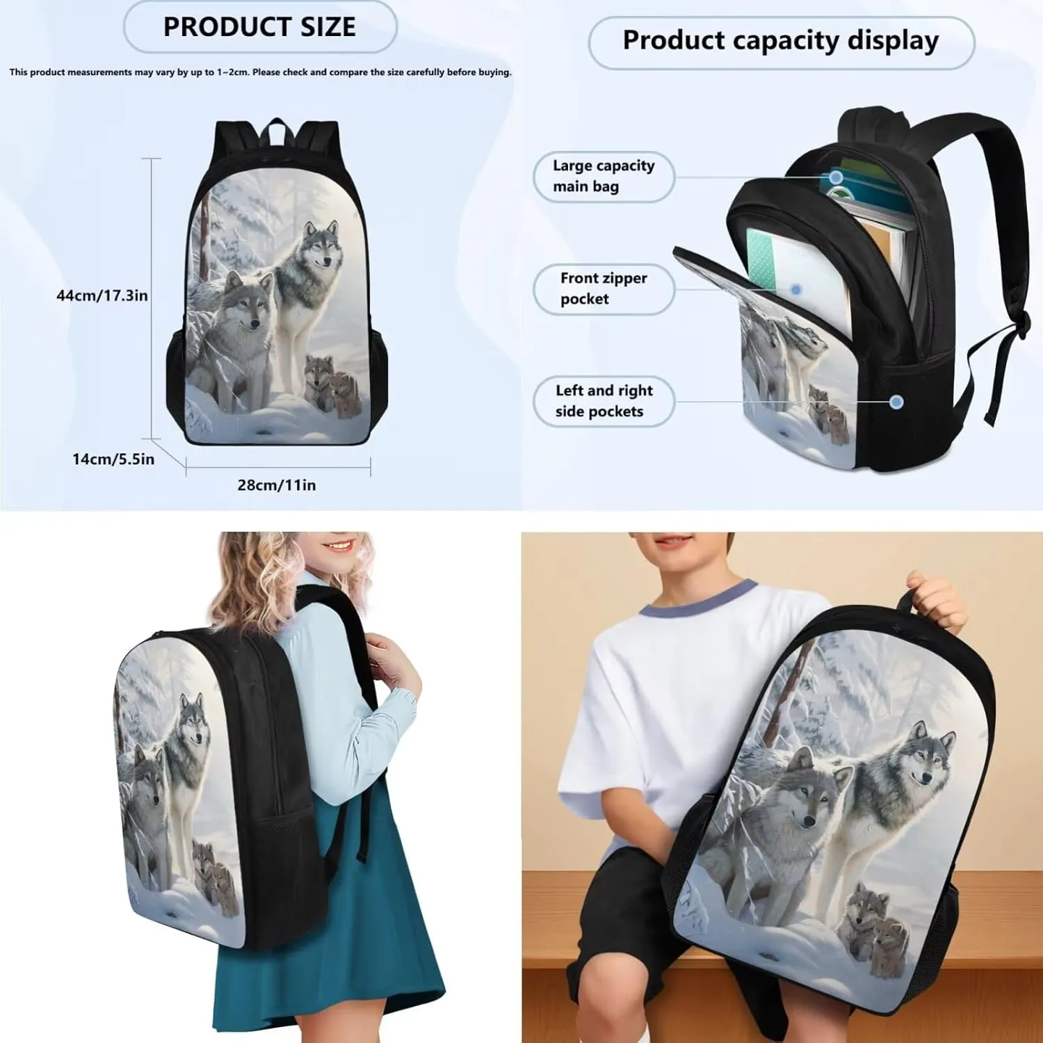 FOR U DESIGNS 17 Inch Wolf Backpack Set Lightweight Large Capacity Bookbag and Lunch Box Set for Elementary Kindergarten Girls 3 Piece School Bag 5th Grade