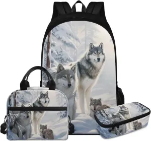 FOR U DESIGNS 17 Inch Wolf Backpack Set Lightweight Large Capacity Bookbag and Lunch Box Set for Elementary Kindergarten Girls 3 Piece School Bag 5th Grade