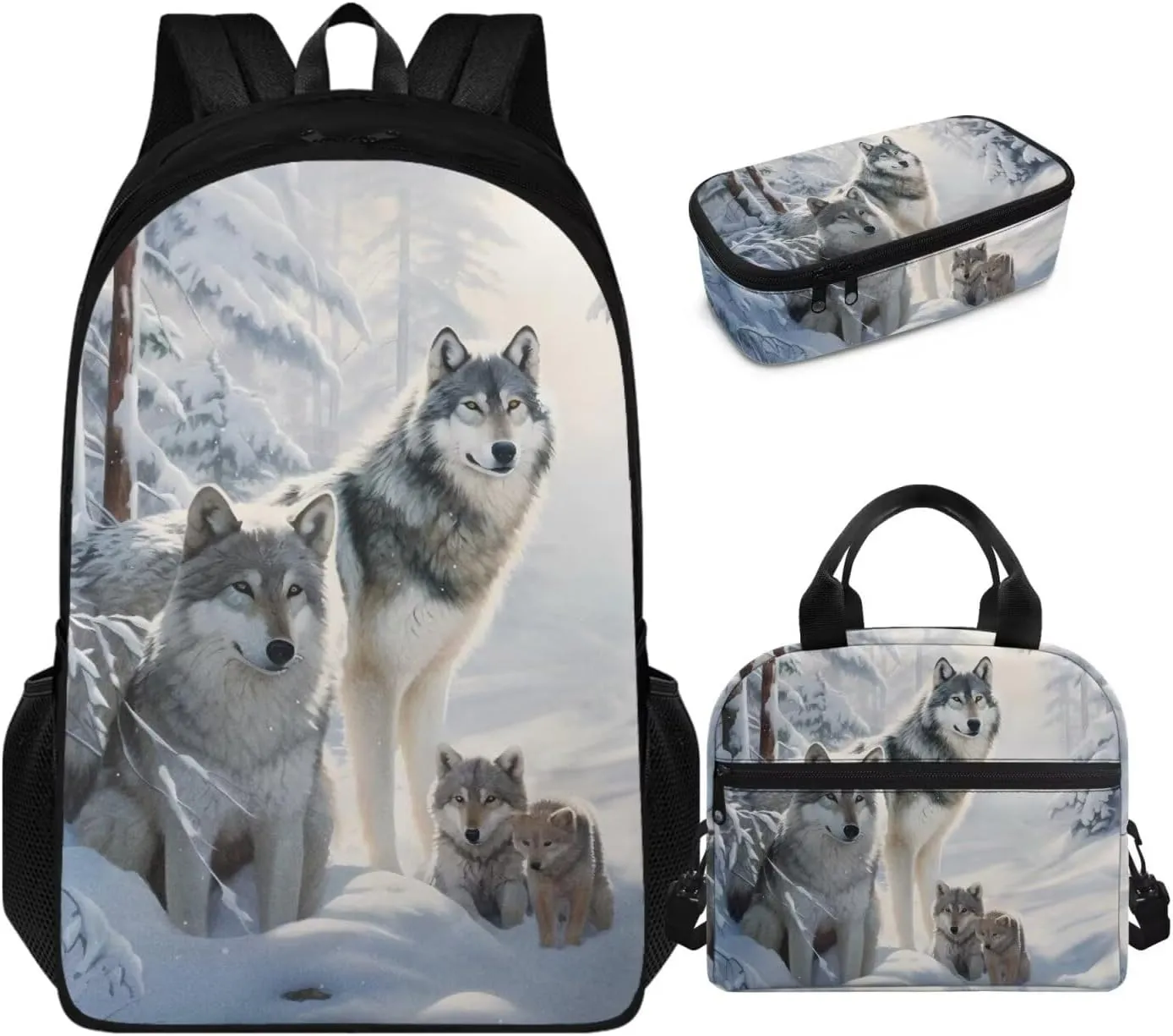 FOR U DESIGNS 17 Inch Wolf Backpack Set Lightweight Large Capacity Bookbag and Lunch Box Set for Elementary Kindergarten Girls 3 Piece School Bag 5th Grade