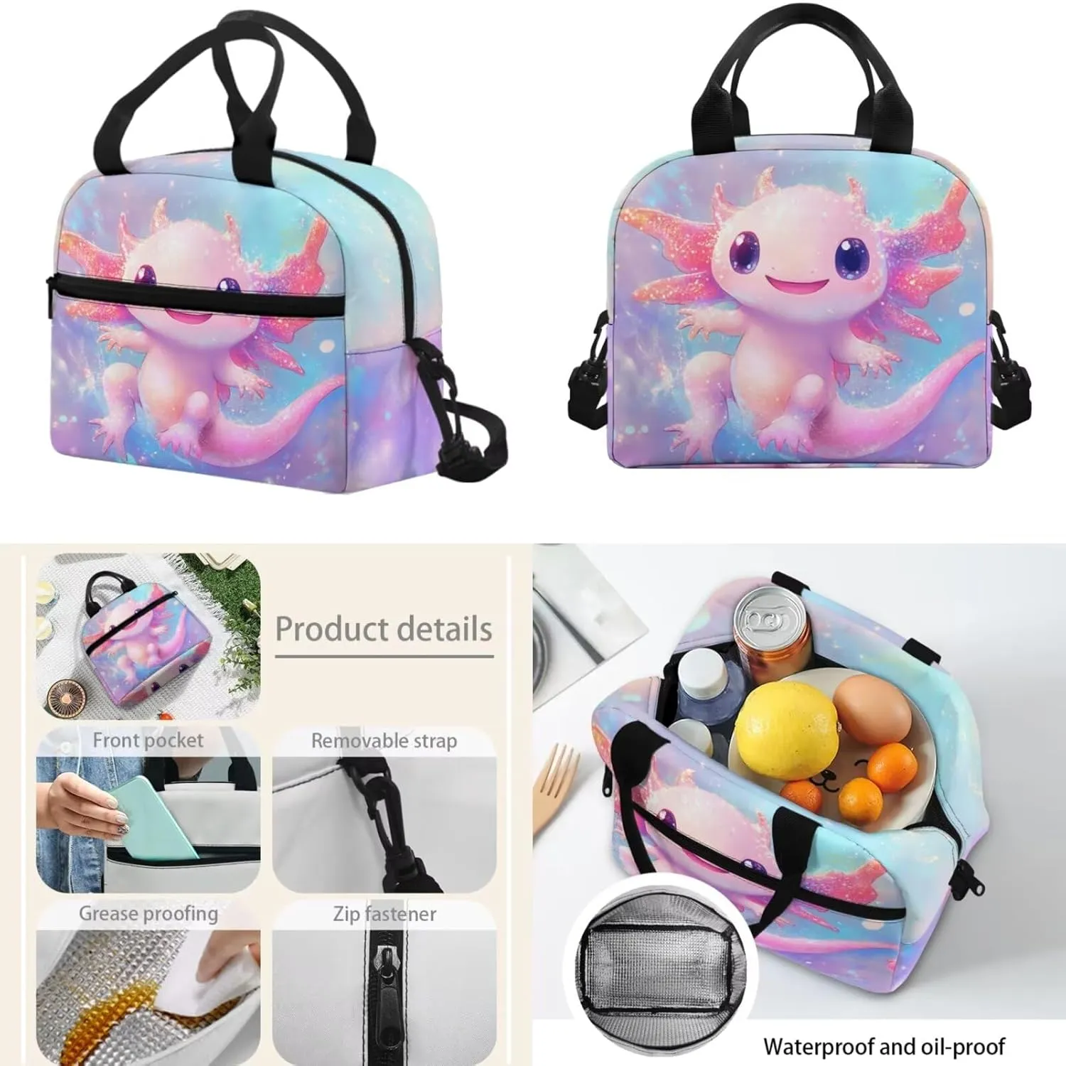 FOR U DESIGNS Axolotl Backpack with Lunchbox Large Capacity Girls Bookbag Ages 8-10 Lightweight School Bag for 5th Grade Girls Ergonomic Adjustable Straps 3 in 1 Travel Daypack
